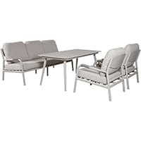 Garten-Loungegruppe mit Sofa, zwei Sesseln und rechteckigem Tisch in hellem Farbton