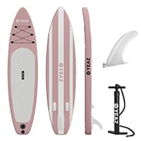 Rosa Stand Up Paddle Board Set mit Brett von oben, unten und seitlich, abnehmbarer Finne und Handpumpe