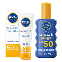 Nivea Sun Set mit UV Gesicht Sensitiv LSF 50, 50 ml, und Schutz & Pflege Sonnencreme LSF 50+, 200 ml