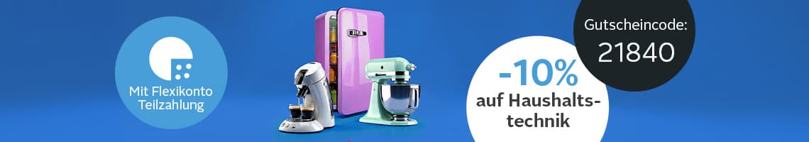 -10 % auf Haushaltstechnik, Gutscheincode 21840 – Kühlschrank, Küchenmaschine und Kaffeemaschine auf blauem Hintergrund