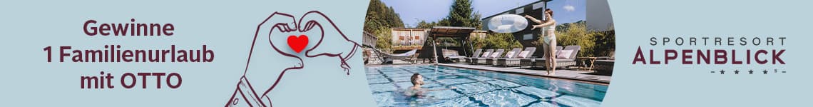 Gewinne 1 Familienurlaub mit OTTO – Illustration von Händen mit Herz und Familie im Außenpool des Sportresort Alpenblick