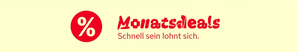 Monatsdeals – Nur solange der Vorrat reicht, rotes Prozentzeichen auf beigem Hintergrund
