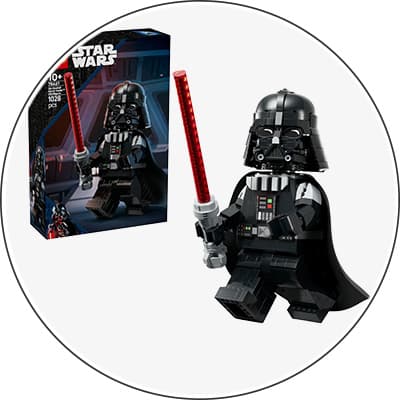 LEGO Star Wars Darth Vader Figur mit rotem Lichtschwert, daneben die Verpackung des Bau-Sets