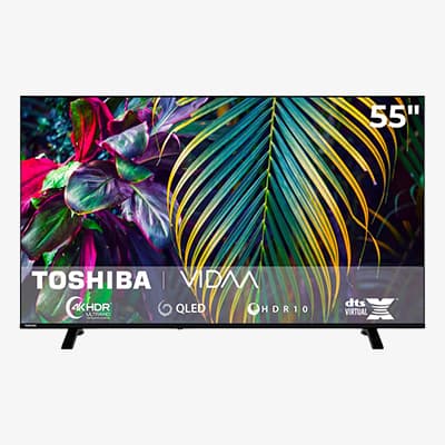 TOSHIBA 55 Zoll Fernseher mit bunter Pflanzenaufnahme auf dem Bildschirm, Logos für HDR und Sound unten im Bild