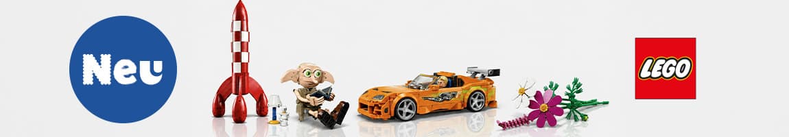 Neu – LEGO Banner mit Rakete, Figur, orangefarbenem Auto und Blumen vor weißem Hintergrund
