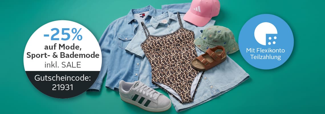 -25 % auf Mode, Sport- & Bademode inkl. SALE, Gutscheincode 21931 – Sommeroutfits mit Hemden, Badeanzug, Schuhen und Caps