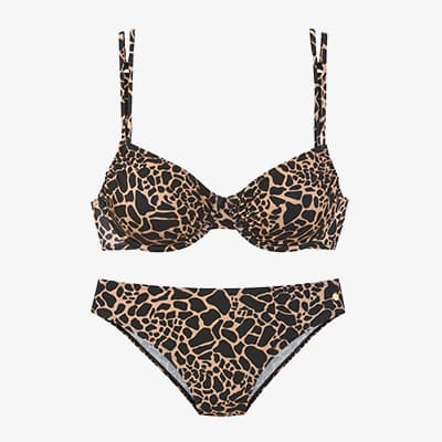 Bikini mit braun-schwarzem Fleckenmuster, bestehend aus Bügel-Top mit Trägern und passendem Slip