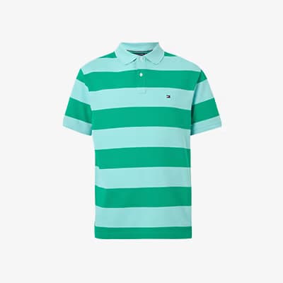 Kurzärmeliges Poloshirt mit breiten Querstreifen in Mintgrün und Türkis, kleiner Logo-Stickerei auf der Brust