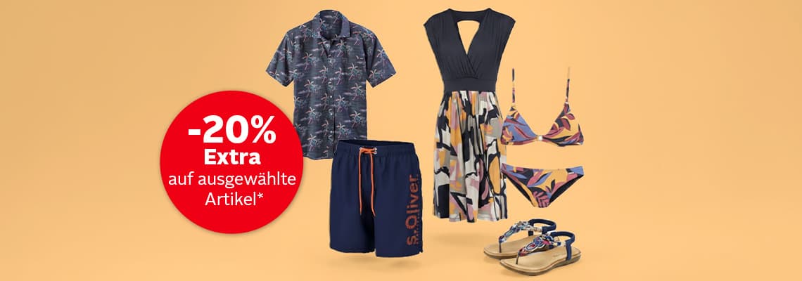 -20 % Extra auf ausgewählte Artikel – Sommerkleid, Hemd, Shorts, Bikini und Sandalen vor orangem Hintergrund