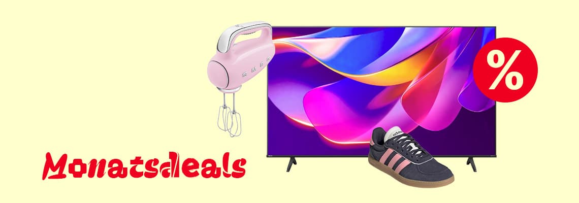 Monatsdeals – Handmixer, großer Fernseher und Sneaker mit rotem Prozentzeichen auf hellgelbem Hintergrund