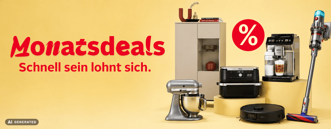 Monatsdeals – Schnell sein lohnt sich, Küchenmaschinen, Kaffeemaschine, Backofen, Staubsauger und Staubsaugerroboter auf Podesten