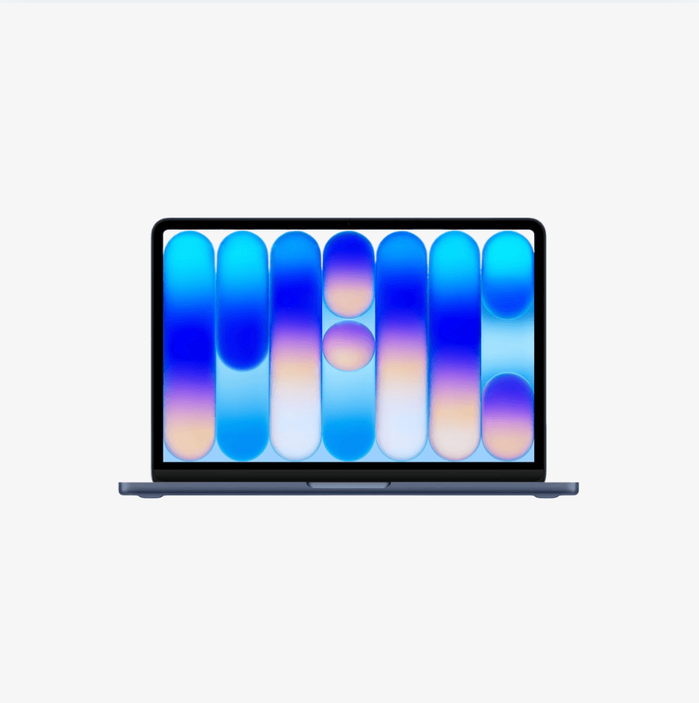 Offener Laptop mit Bildschirm voller blauer und violetter Farbverläufe auf hellem Hintergrund