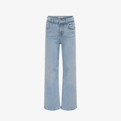 Hellblaue Damen-Jeans mit weitem Bein und klassischem Five-Pocket-Schnitt, frontal vor weißem Hintergrund gezeigt