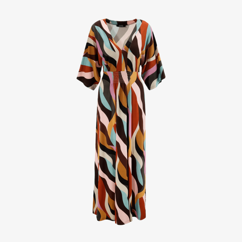Langes Kleid mit V-Ausschnitt und weitem Schnitt, buntes Wellenmuster in Braun, Rosa, Blau, Gelb und Schwarz