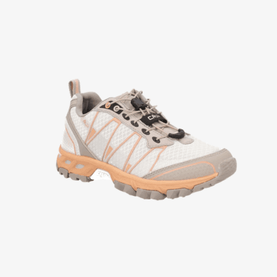 Sportschuh in Beige und Orange mit Profilsohle, seitlicher Ansicht vor weißem Hintergrund