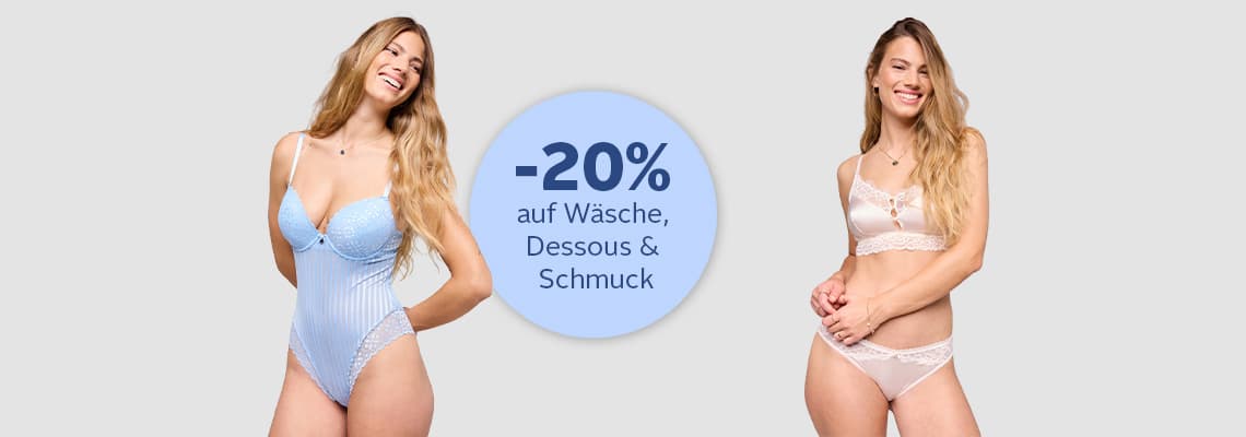 -20 % auf Wäsche, Dessous & Schmuck – zwei Frauen posieren lächelnd in hellen Dessous neben rundem Angebotsfeld