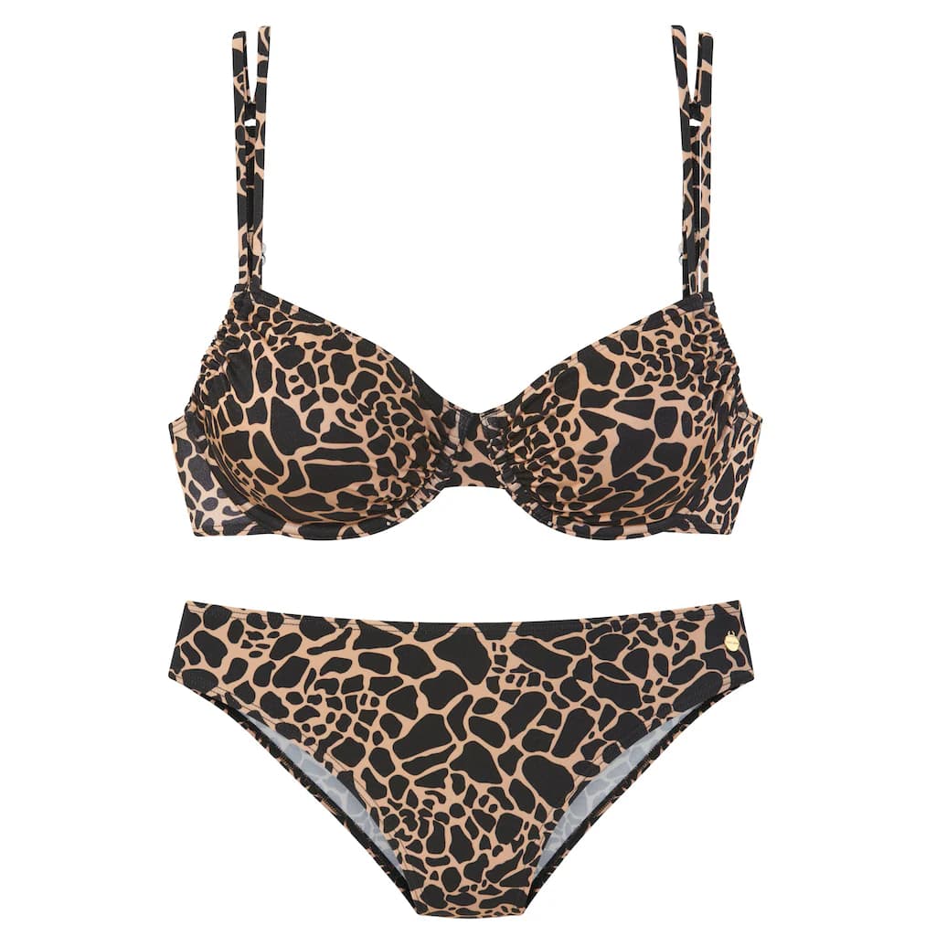 Bikini mit braun-schwarzem Fleckenmuster, bestehend aus Bügel-Top mit Trägern und passendem Slip