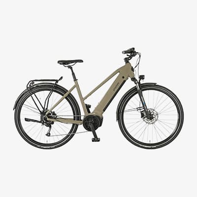 Beiges E-Bike in Seitenansicht mit tiefem Einstieg, Gepäckträger hinten und Scheibenbremsen vorne und hinten