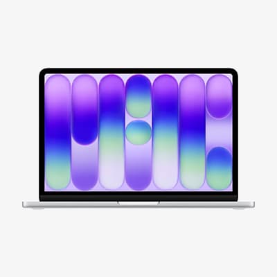 Geöffneter Laptop von vorn mit abstraktem lila-blau-grünem Muster auf dem Display