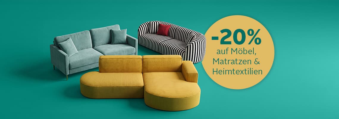 -20 % auf Möbel, Matratzen und Heimtextilien – drei bunte Sofas vor türkisfarbenem Hintergrund
