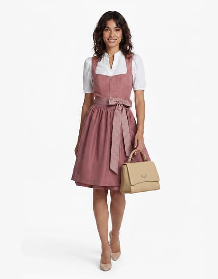 Frau in rosafarbenem Dirndl mit weißer Bluse, Schleife an der Taille und beigefarbener Handtasche steht frontal zur Kamera