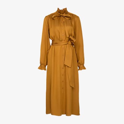 Langes Hemdblusenkleid mit Kragen, Schleife am Hals, langen Ärmeln und Bindegürtel in der Taille
