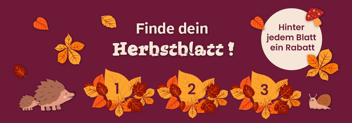 Finde dein Herbstblatt – Hinter jedem Blatt ein Rabatt, Blätter mit Zahlen 1 bis 3, Igel und Schnecke daneben