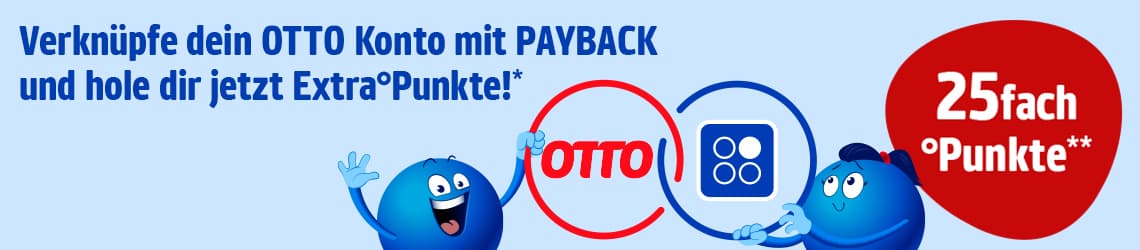 25fach °Punkte – OTTO Konto mit PAYBACK verknüpfen, zwei blaue Maskottchen halten OTTO und PAYBACK Logos