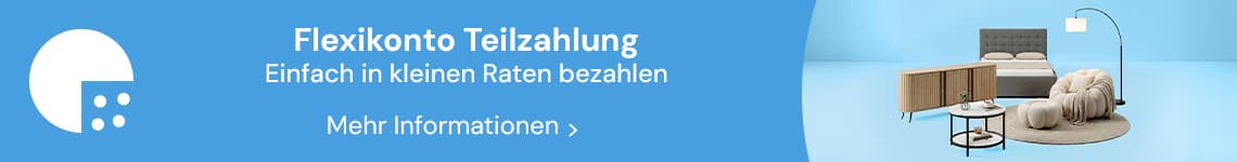 Flexikonto Teilzahlung – einfach in kleinen Raten bezahlen, daneben modern eingerichtetes Schlafzimmer mit Möbeln